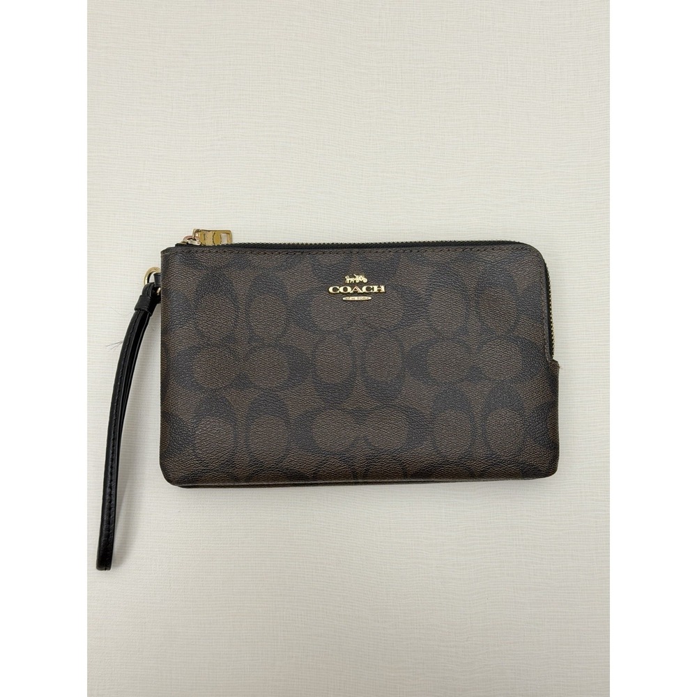 Coach F16109 Double Zip Wallet in Brown Black Signature Coated Canvas